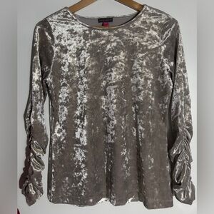 Vince Camuto Silver Shimmer Crew Neck Ruched Sleeves Crushed Velour Top Size S
